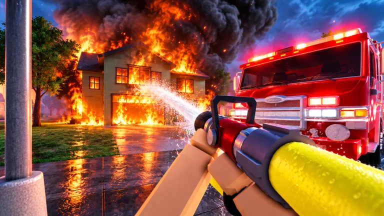 Official Firefighting Sim promotional art showing a first-person hose, red fire engine and burning house